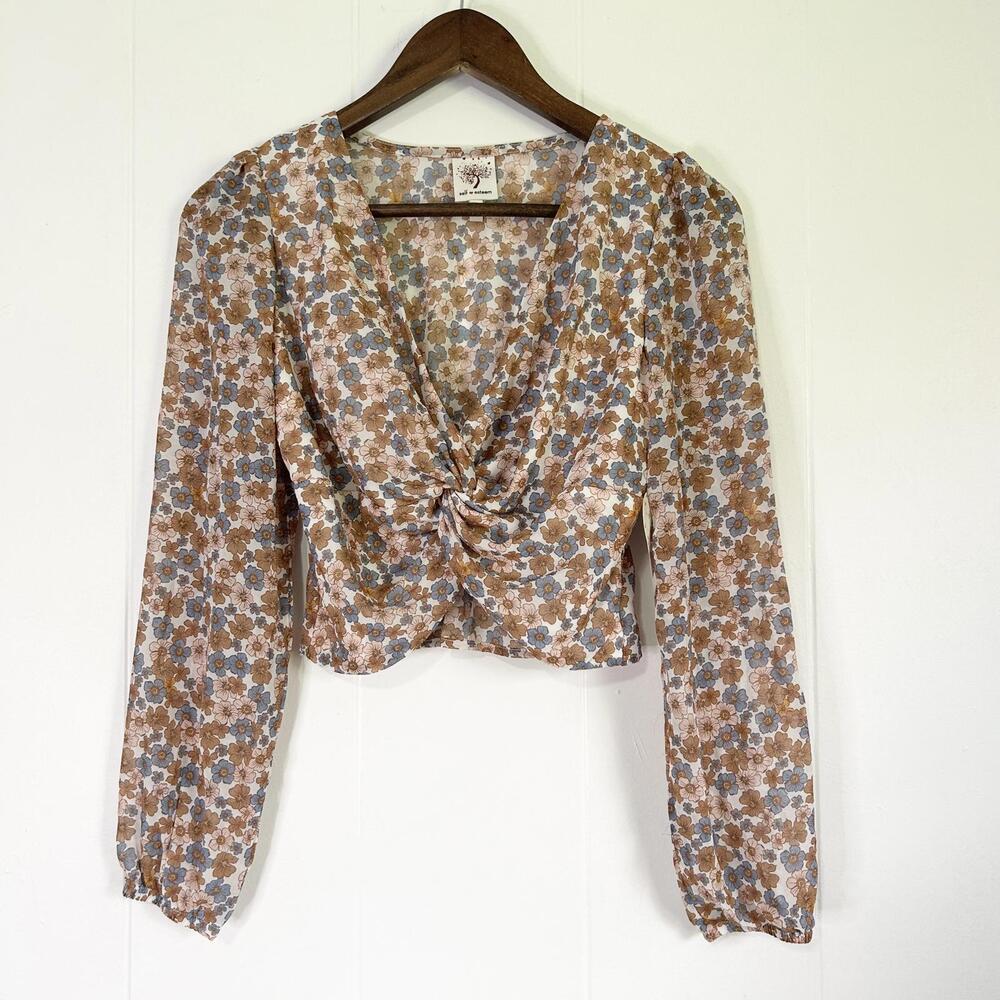 Self Esteem Floral Sheer Front Tie Long Sleeve Blouse Top Women's Small